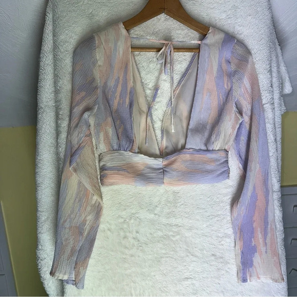 Storia Pastel Crepe Cropped Top Whimsy V-neck Lightweight Long Sleeve Blouse S - Picture 8 of 14